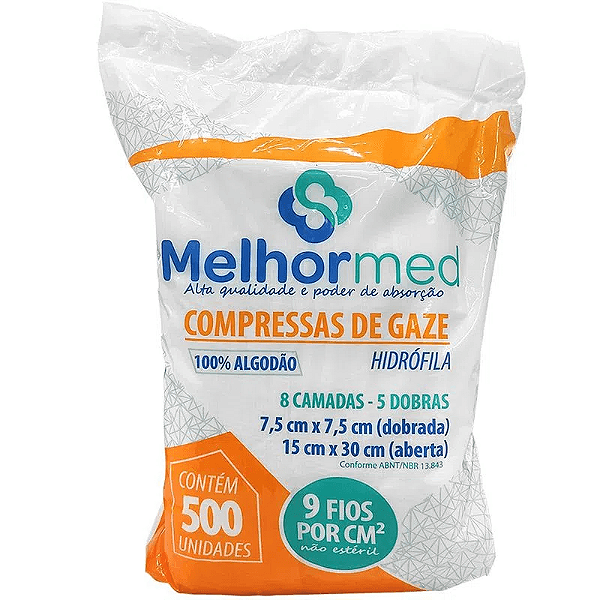 Compressa De Gaze 7,5 X 7,5 9f Com 500 Unidades 15cm X 30cm - Melhor Med