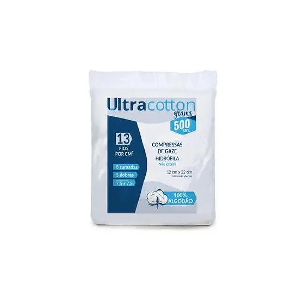Compressa De Gaze 7,5 X 7,5 13f Com 500 Unidades 12cm X 27cm - Ultra Cotton