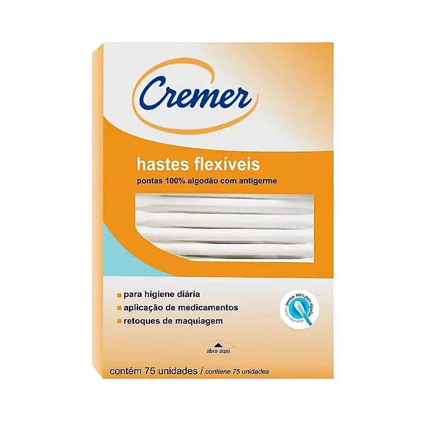 Cotonete Hastes Flex 100% Algodão Com 75 Unidades - Cremer