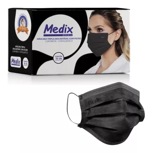 Mascara Cirurgica Tripla Preta Com Elastico Cx50 - Medix