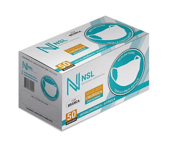 Mascara Cirurgica Tripla Branca Com Elastico 50 Unidades - Nsl