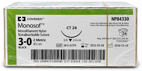 Fio Monosof Preto 3-0 45cm 2,4cm 3/8 Triangular Cx24 Np84330 - Covidien