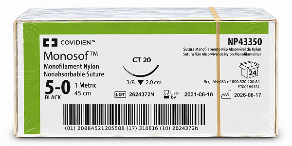 Fio Monosof Preto 5-0 45cm 3/8 2,0cm Triangular Cx24 Np43350 - Covidien
