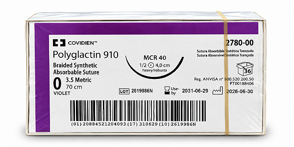Fio Polyglactin Violeta 0 70cm 1/2 Circulo Rb. 4,0cm Cx36 278000 - Covidien