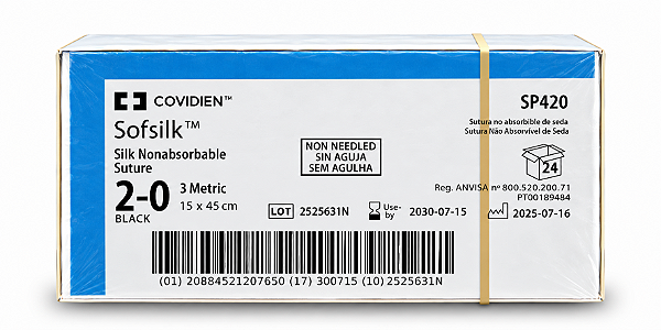 Fio Cirúrgico Sofsilk Seda Trançada Não Absorvível Preta – 2-0 – 45cm – Sem Agulha – Caixa com 24 Unidades – Covidien | Ref. SP420