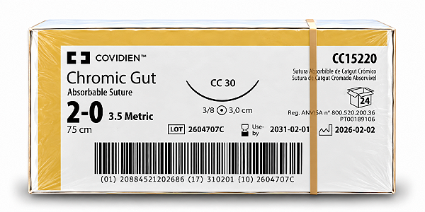 Fio Chromic Gut 2-0 75cm 3,0cm 3/8 Circulo Cx24 Cc15220 - Covidien