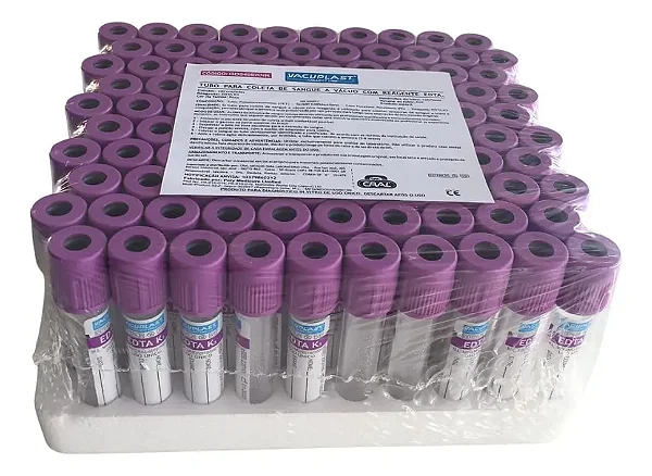 Tubo Para Coleta De Sangue Edta Roxa 4ml Plastico Sil. A Vacuo 100 Unidades - Vacuplast