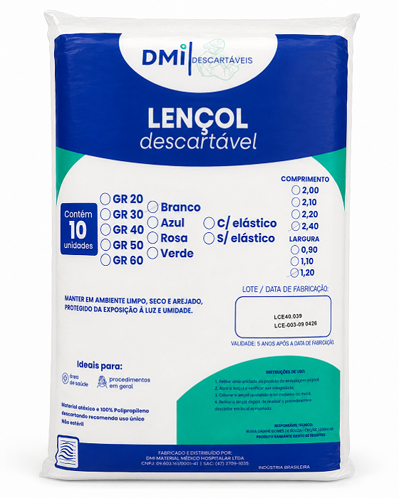 Lençol Descartavel Com Elastico 2,40 X 1,20 20G Branco
