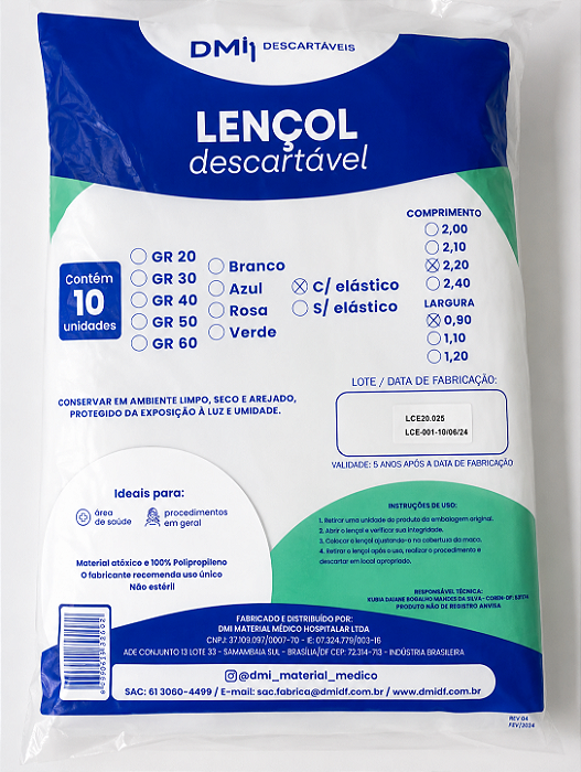Lençol Descartável Com Elástico Branco 2,40 X 1,20m 20g 10 Unidades - Dmi Descartaveis