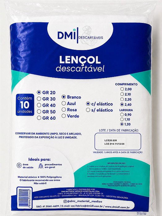 Lençol Descartável Com Elástico Branco 2,40 X 1,20 - 20g 10 Unidades - Dmi Descartaveis