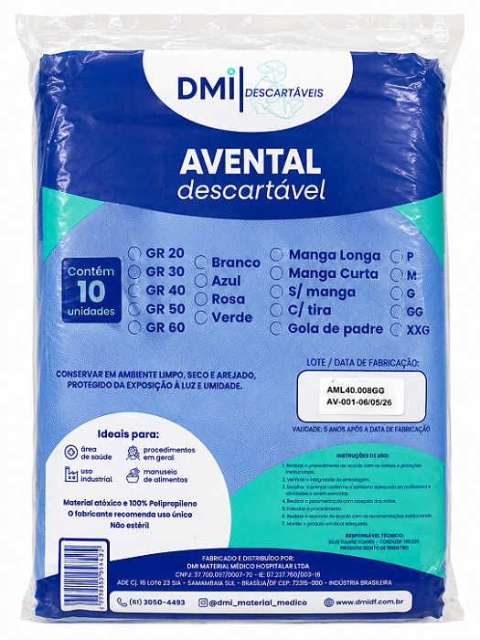 Avental Descartavel 40g Manga Longa Azul Gg Pacote Com 10 Unidades - Dmi Descartaveis