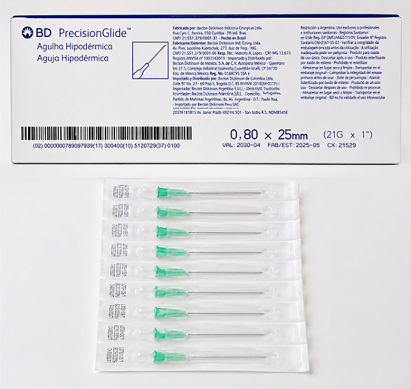 Agulha Descartável Hipodérmica 21g 25x0,8 Com 100 Unidades Bd