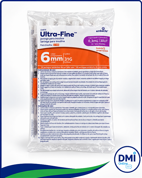 Seringa Ultra Fine 0,3ml Com Agulha 6 X 0,25mm - Embecta - Pacote C/10 Und