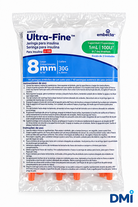Seringa Ultra-Fine II 1 mL 100 UI Agulha 8 mm 30G C/10 - EMBECTA
