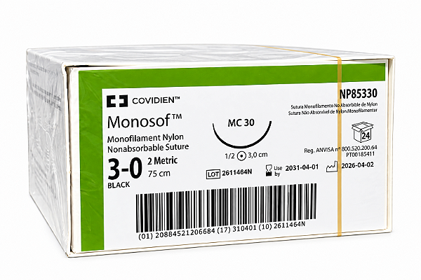 Fio Monosof Preto 3-0 75 cm Agulha 1/2 Círculo 3,0 cm C/24 - COVIDIEN