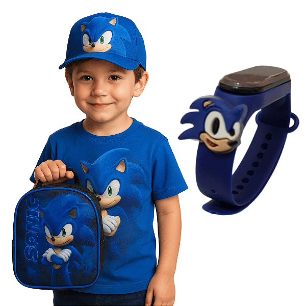 Relógio Infantil Menino Masculino Sonic Digital Com Lancheira + Bola e Caneca