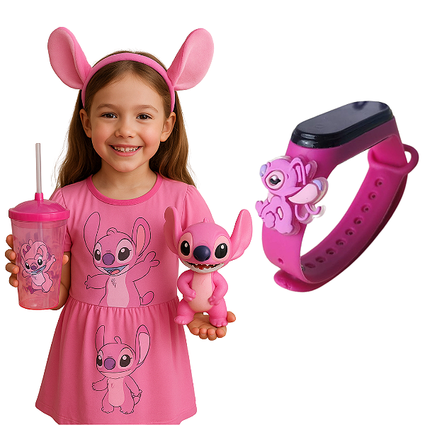 Relógio Infantil Digital Angel Stitch Com Copo Infantil Mais Boneca Stitch Menina Para Crianças Novo