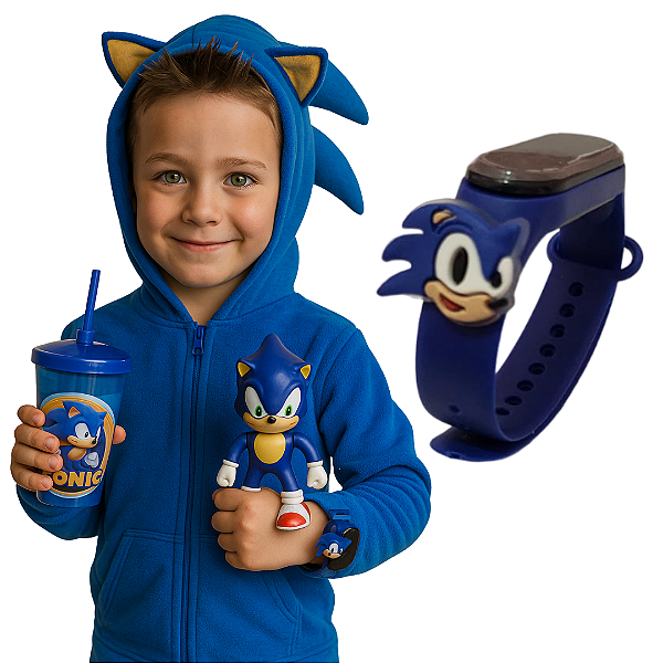 Relógio Infantil Sonic Com Copo Infantil Mais Boneco Sonic Menino Para Crianças