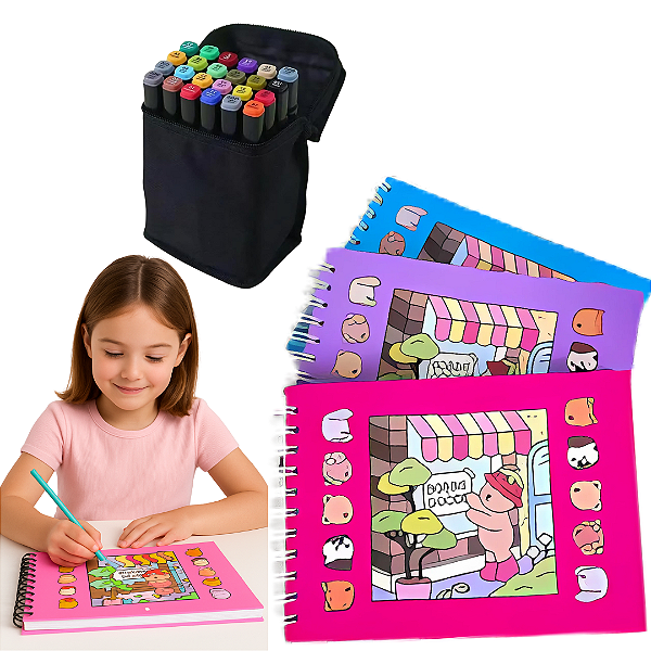 Kit Caderno para Colorir Bobbie Goods Menino & Menina Com Canetas Capa Dura Com Varias Paginas