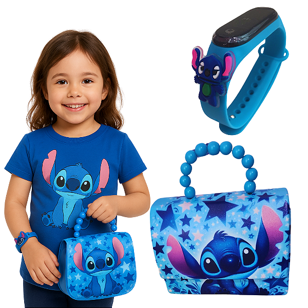 Relógio Infantil Digital Stitch com Bolsa Menina Feminina Disney