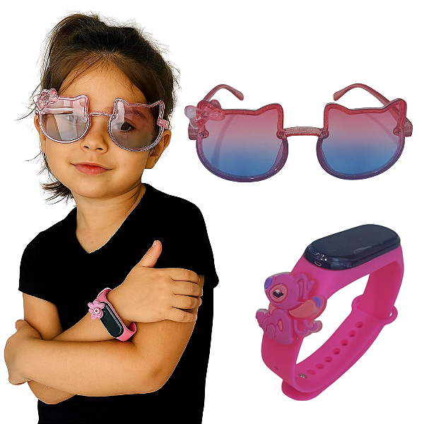 Kit Oculos Com Relogio Infantil Digital Femino Angel Stitch Data & Hora