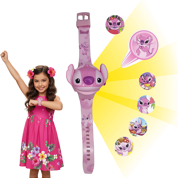 Relogio Infantil Digital Projetor 6 Imagens Angel Stitch Menina Feminino Princesa
