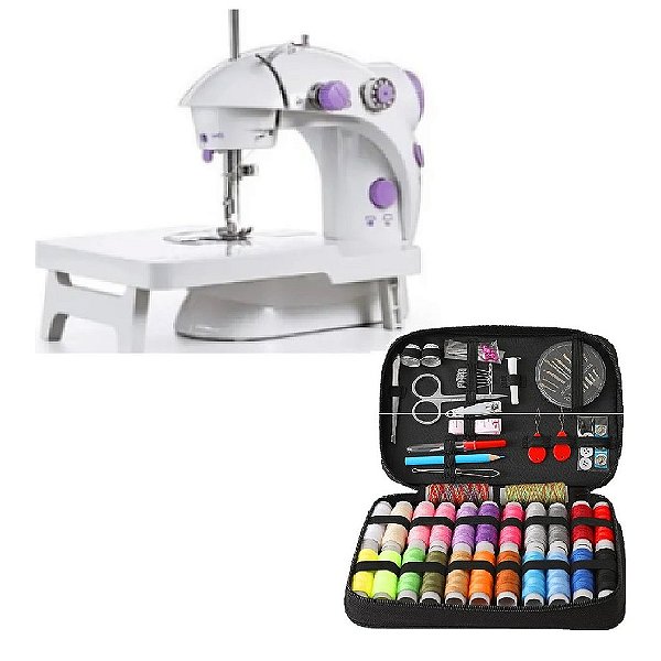 Kit 1 Mini máquina de costura portátil, 1 Mesa Extensora e 1 Kit de costura