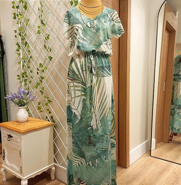 Vestido longo crepe folhagem