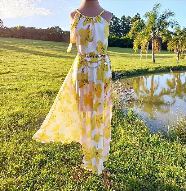 Conjunto saia e blusa crepe amarelo