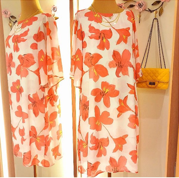 Vestido midi Flor cor coral manga curta
