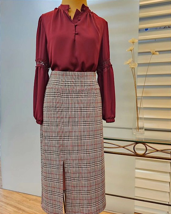 Saia midi forrada xadrez príncipe de Gales com fenda