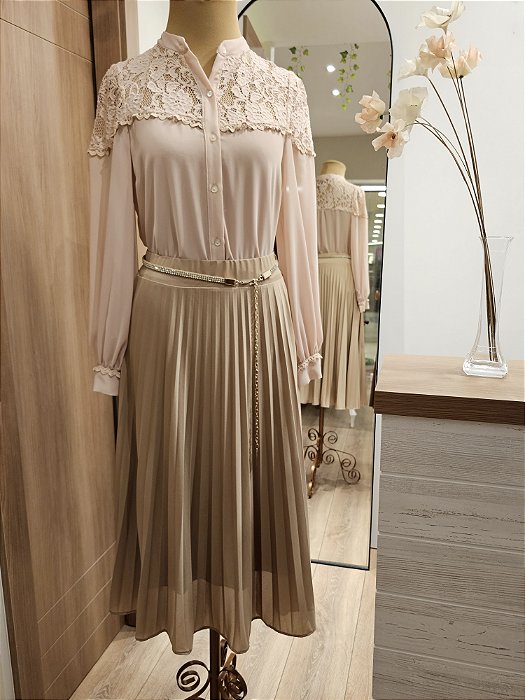 Camisa manga longa crepe renda rosê ♡