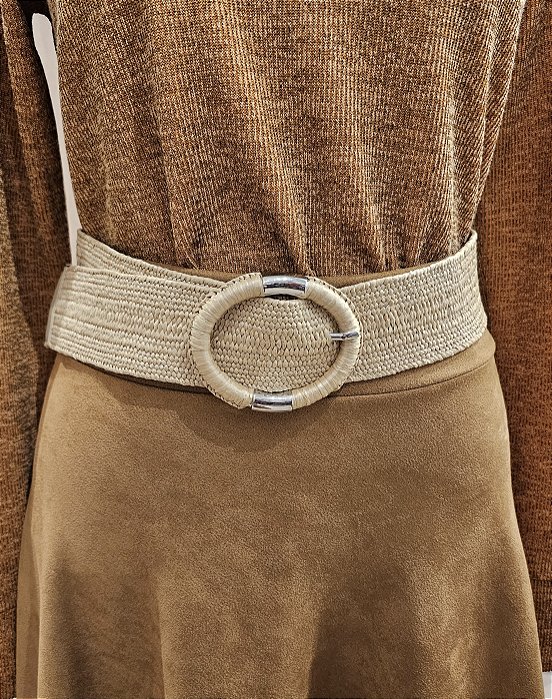 Cinto elástico palha fivela oval bege