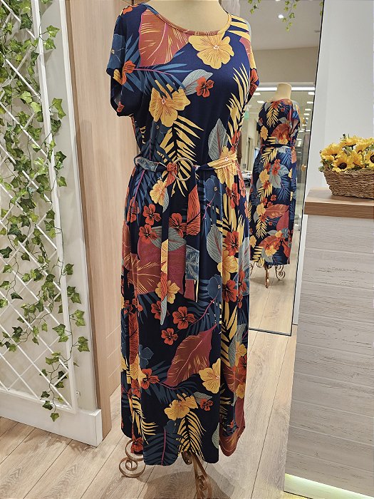 Vestido longo estampado manga curta