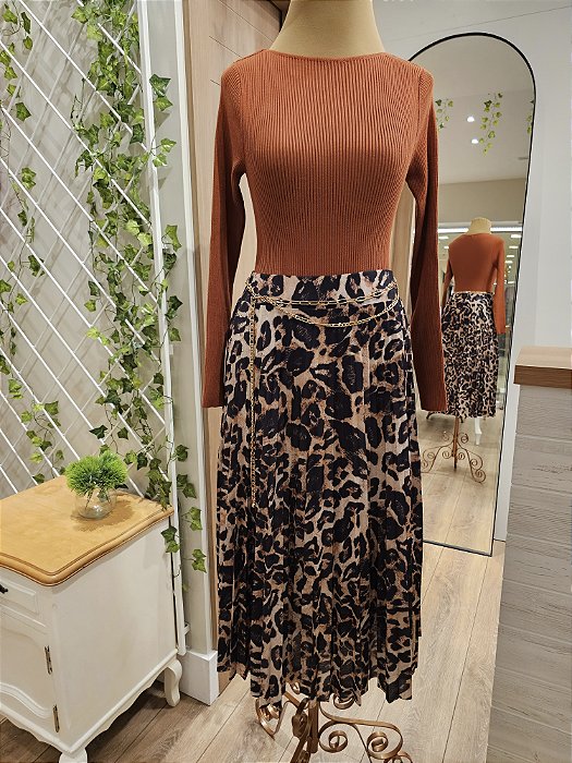 Saia midi plissada animal print preto e bege 🐆