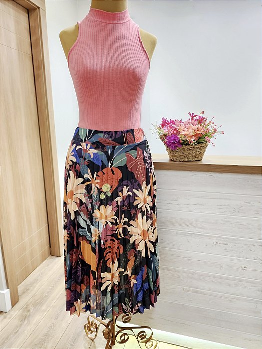 Saia midi plissada Jardim das Margaridas 🌼