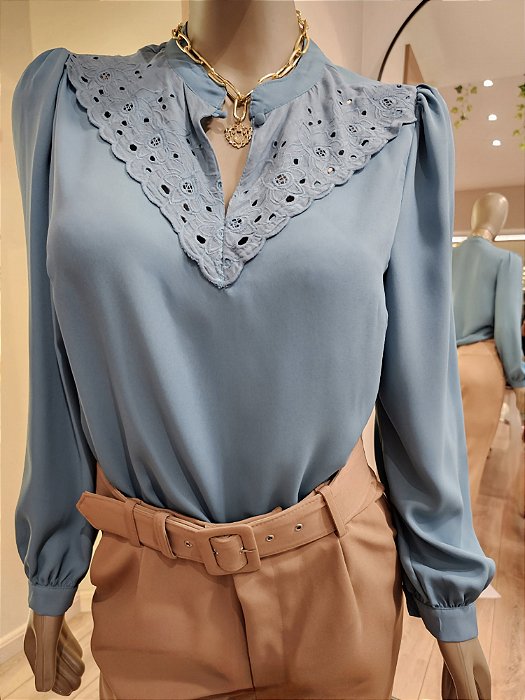 Blusa manga longa azul renda laise 🩵