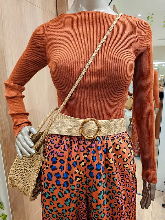 Cinto elástico palha fivela redonda bambu