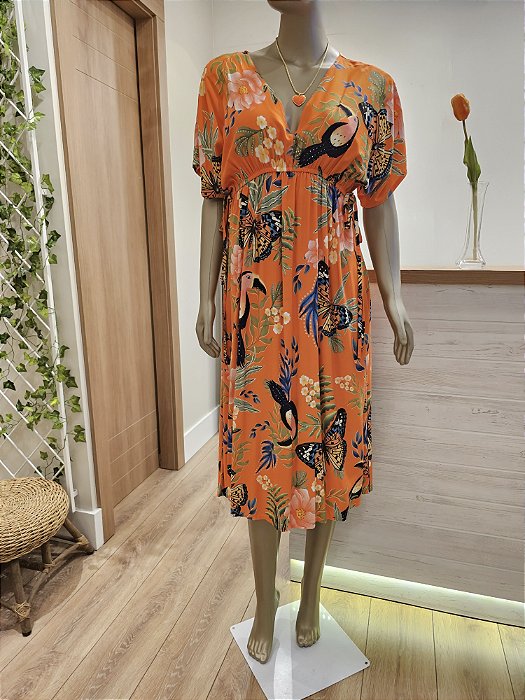Vestido midi Beleza e Natureza laranja