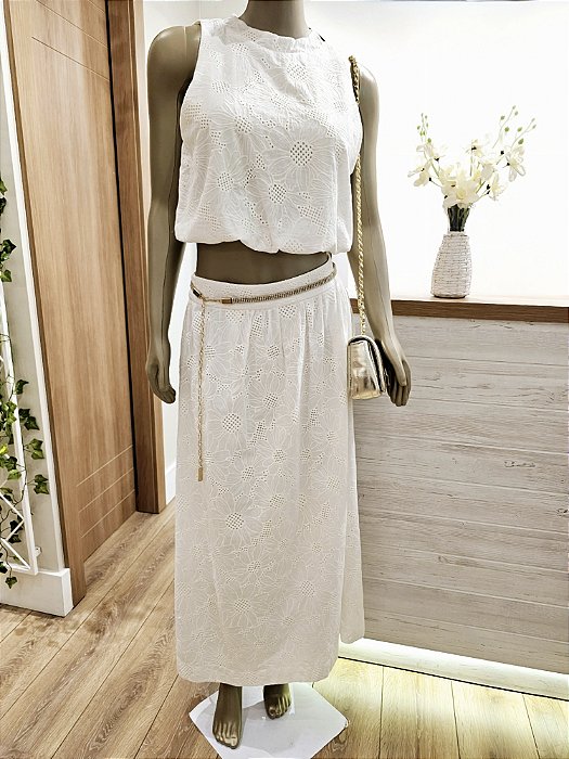 Conjunto saia e cropped laise off-white 🤍