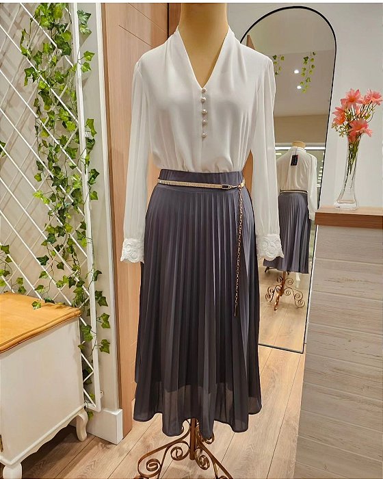 Saia midi plissada cinza ♡