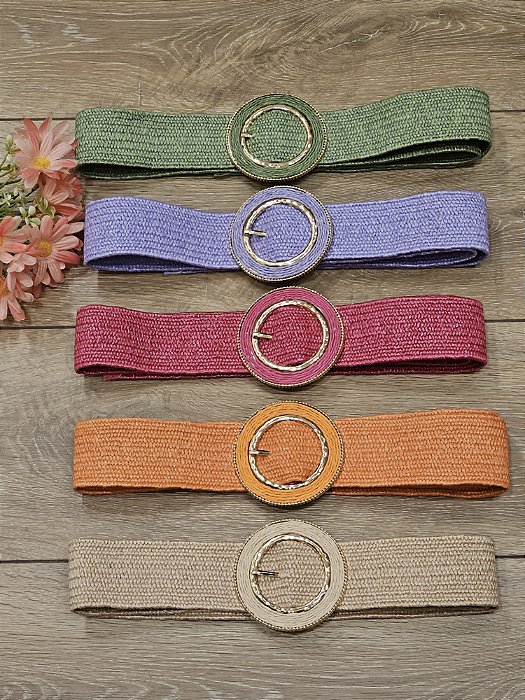 Cinto largo de elástico palha fivela redonda