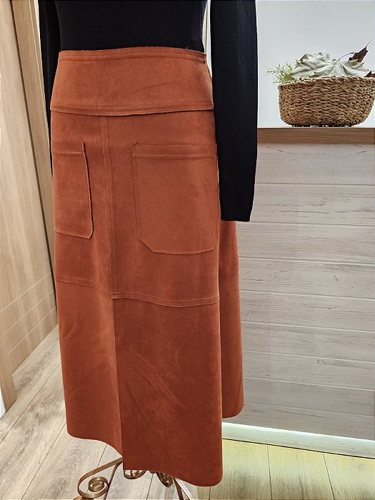 Saia midi em tecido suede cor telha