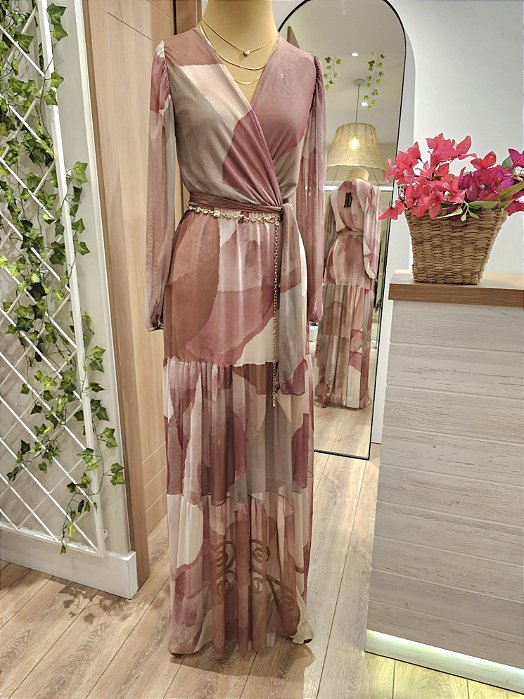 Vestido longo tule estampado rosa antigo