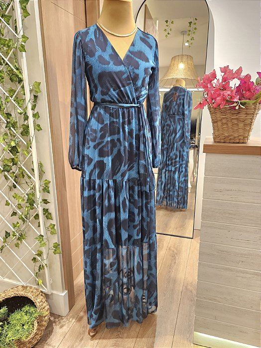 Vestido longo tule estampa azul