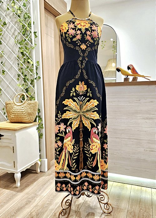 Vestido midi frente única floral fundo preto