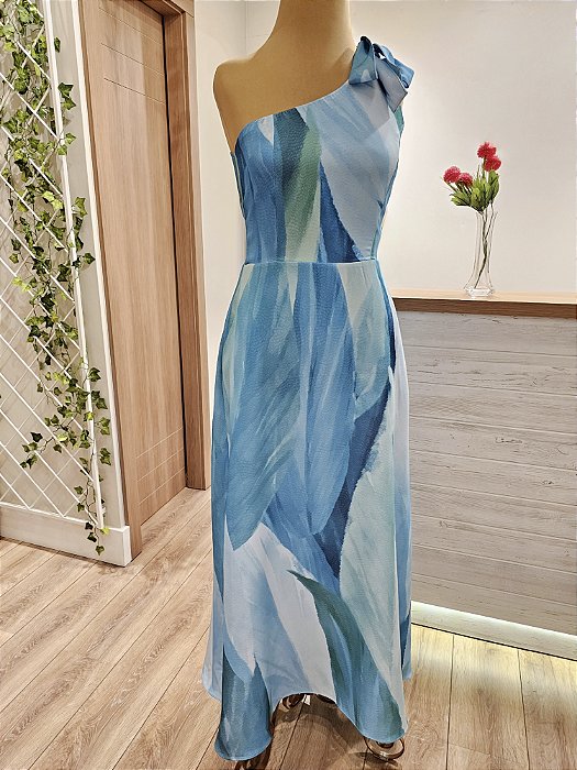 Vestido longuete ombro assimétrico turquesa