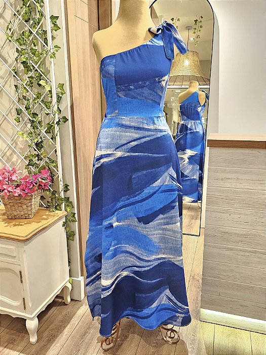 Vestido longuete ombro assimétrico azul
