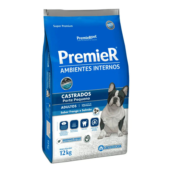 Ração Premier Ambientes Internos Cães Castrados Adultos Frango e Salmão 12 kg