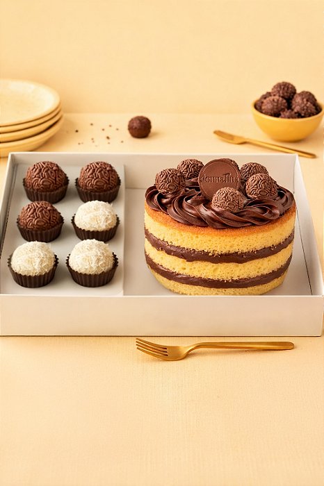 Festa na Caixa - Bolo Cenoura com Brigadeiro 500g, 3 brigadeiros tradicionais e 3 beijinhos